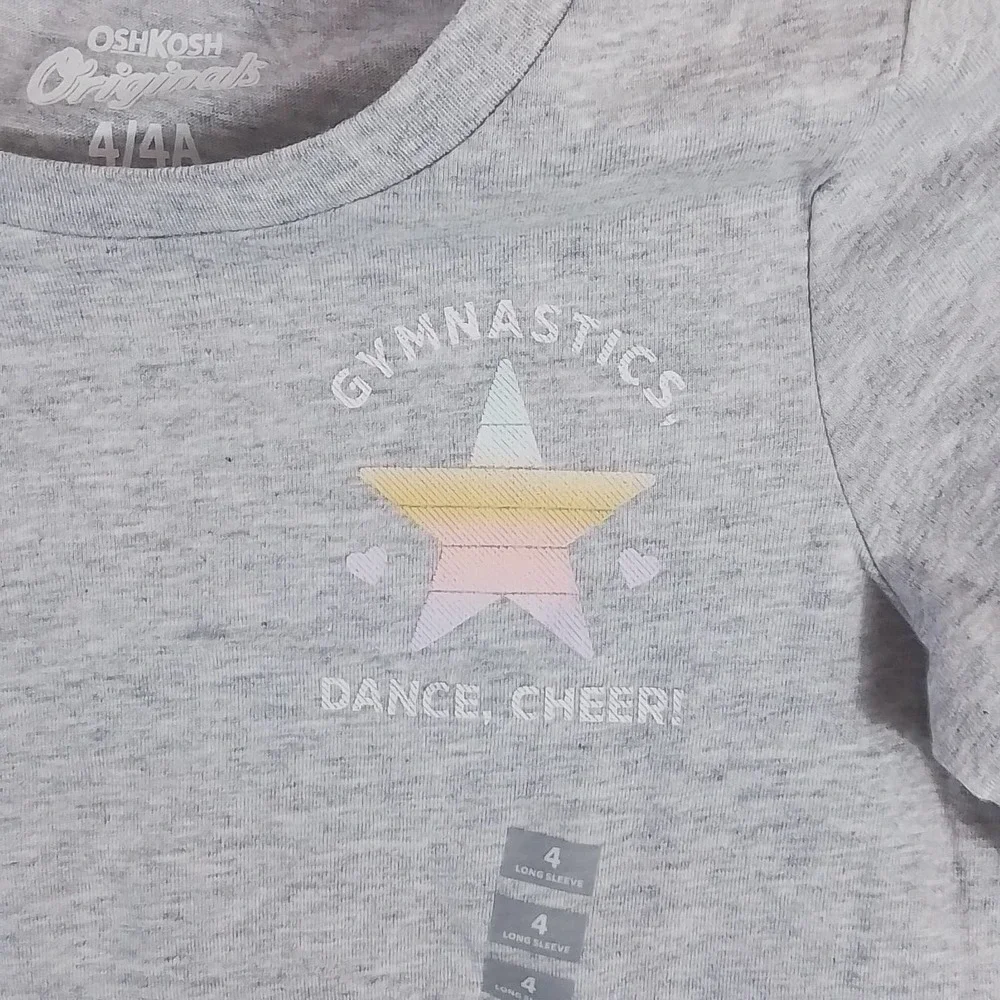 OshKosh Long Sleeve‎ Cotton T-Shirt Girl's Size 4 Gray, Gym, Dance, Cheer
